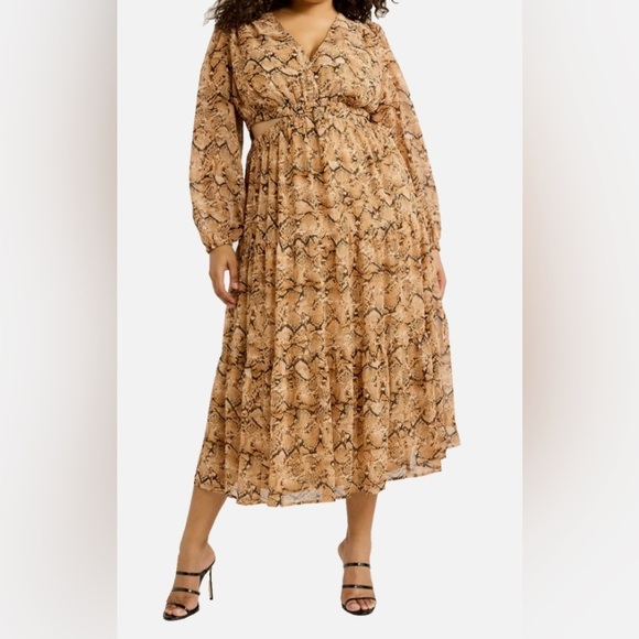 Sofia Jeans Dress  XXL Snake Print Cutout Maxi Tan Brown Long Sleeve NWT - Picture 1 of 9